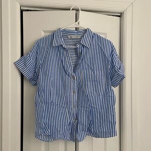Zara short sleeve button down shirt in white with blue stripes